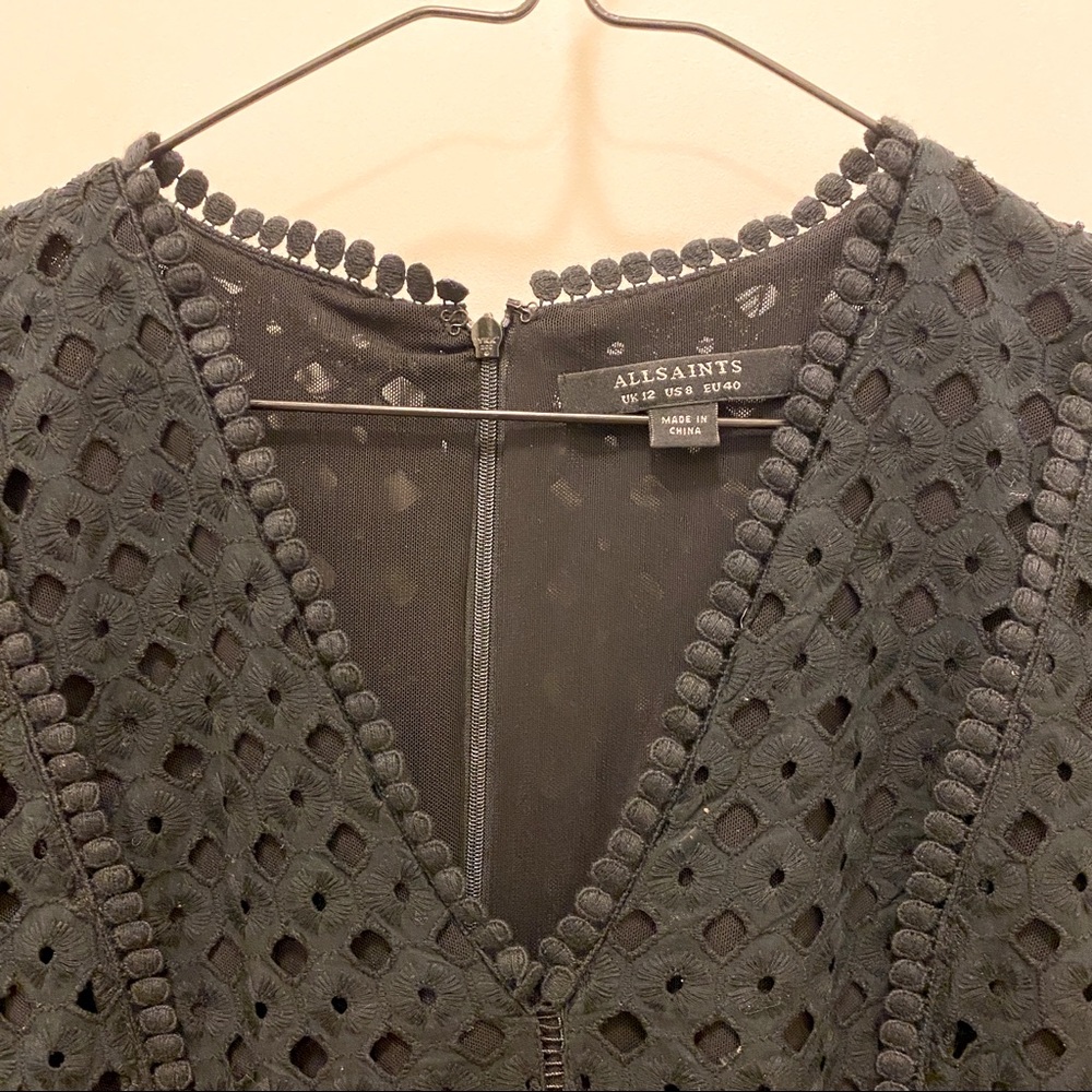 All Saints Black Crochet V-Neck Long Sleeve Mini Dress - Picture 6 of 9